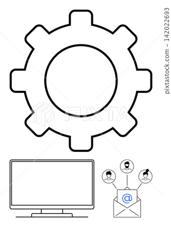 Digital workflow, technology, business solutions, email communication, connection, teamwork. Outline of a gear, monitor service icons and email with profiles. Workflow and technology concepts Digital workflow, technology, business solutions, email communication, connection, teamwork. Outline of a gear, monitor service icons and email with profiles. Workflow and technology concepts 142022693