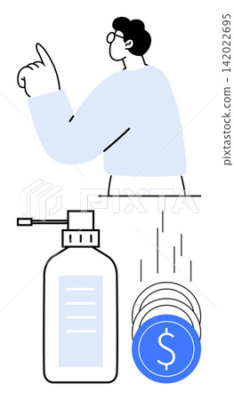 Hygiene, financial savings, safety practices, personal finance, economic health, pandemic awareness. A person pointing above a sanitizer bottle alongside falling coins. Hygiene and financial savings Hygiene, financial savings, safety practices, personal finance, economic health, pandemic awareness. A person pointing above a sanitizer bottle alongside falling coins. Hygiene and financial savings 142022695
