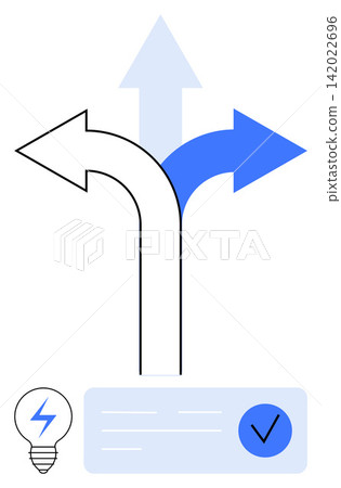 Business strategy, decision-making, navigation, problem-solving, process guidance, innovation. Three arrows diverging in different directions with a light bulb icon. Decision-making and innovation Business strategy, decision-making, navigation, problem-solving, process guidance, innovation. Three arrows diverging in different directions with a light bulb icon. Decision-making and innovation 142022696