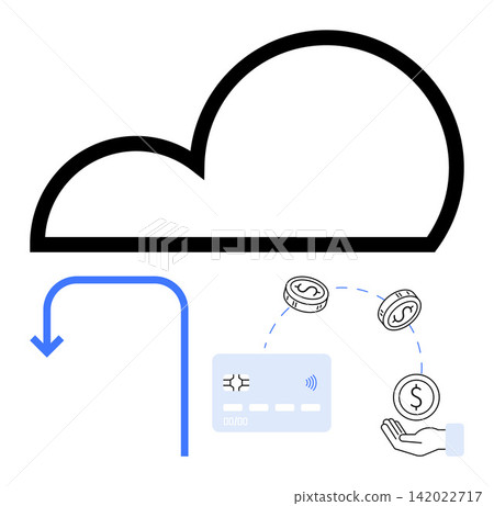 Financial technology, online payments, cloud storage, digital wallets, e-commerce, money management. Cloud symbol, card and coins with arrows. Financial technology and online payments 142022717