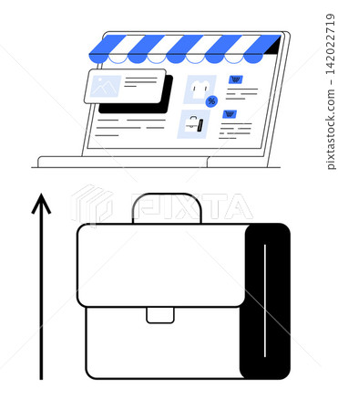 Business management, e-commerce, online shopping, digital marketing, growth strategy, entrepreneurship. Online storefront on a laptop with an upward arrow and briefcase icon. E-commerce and growth Business management, e-commerce, online shopping, digital marketing, growth strategy, entrepreneurship. Online storefront on a laptop with an upward arrow and briefcase icon. E-commerce and growth 142022719