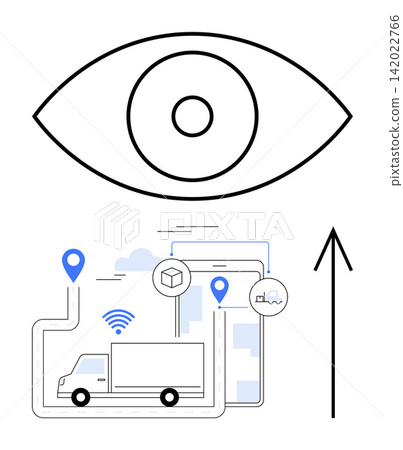 Supply chain, package delivery, technology monitoring, logistics growth, location tracking, digital solutions. Eye icon above tech-driven map with truck, nodes and navigation. Supply chain Supply chain, package delivery, technology monitoring, logistics growth, location tracking, digital solutions. Eye icon above tech-driven map with truck, nodes and navigation. Supply chain 142022766