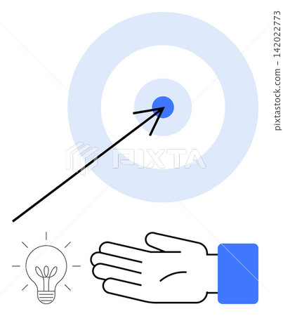 Goal setting, success strategies, innovation, motivation, business planning, creative solutions. A target with an arrow, a hand and a light bulb. Goal setting and innovation concept Goal setting, success strategies, innovation, motivation, business planning, creative solutions. A target with an arrow, a hand and a light bulb. Goal setting and innovation concept 142022773