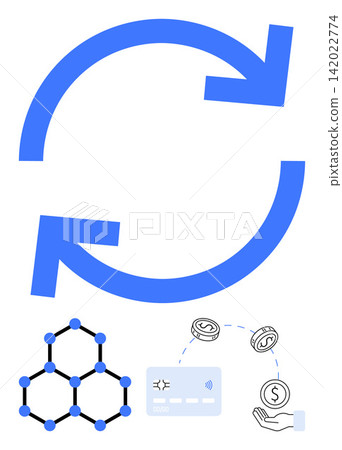 Blockchain technology, financial exchanges, secure payments, digital economy, fintech, transaction process. Arrows data exchange with blockchain, cash flow and contactless card. Blockchain Blockchain technology, financial exchanges, secure payments, digital economy, fintech, transaction process. Arrows data exchange with blockchain, cash flow and contactless card. Blockchain 142022774