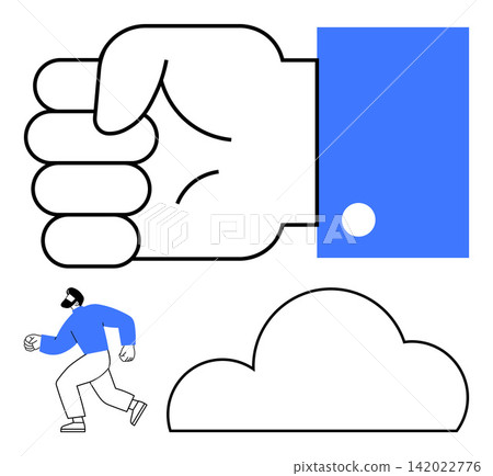 Power, action, determination, creativity, technology, abstract thinking. A large fist, a running figure and a cloud outline in minimalist design. Power and action concept as through bold elements Power, action, determination, creativity, technology, abstract thinking. A large fist, a running figure and a cloud outline in minimalist design. Power and action concept as through bold elements 142022776