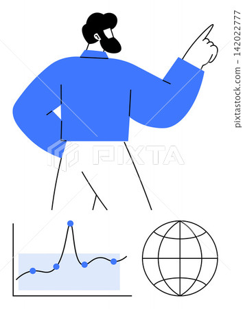 Business analytics, data visualization, financial trends, global research, strategic planning, professional success. A person pointing at upward graph and globe. Data visualization and global Business analytics, data visualization, financial trends, global research, strategic planning, professional success. A person pointing at upward graph and globe. Data visualization and global 142022777