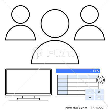 Teamwork, financial planning, business management, data analysis, accounting, cooperation. Simple icons of three people, a computer screen and spreadsheet elements. Teamwork and financial planning 142022790