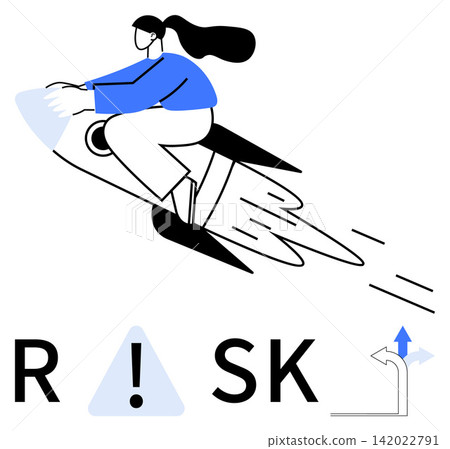 Risk management, growth strategy, innovation, entrepreneurship, decision-making, business analytics. A woman riding a rocket above a creative ion of the word Risk. Growth strategy and risk management Risk management, growth strategy, innovation, entrepreneurship, decision-making, business analytics. A woman riding a rocket above a creative ion of the word Risk. Growth strategy and risk management 142022791