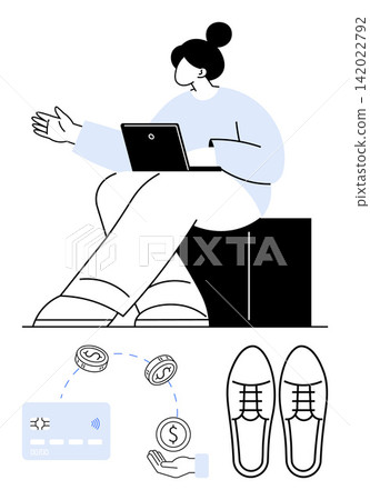 Remote work, digital payments, e-commerce, online transactions, financial planning, technology. Woman with laptop, shoes card payment and currency illustrations. Remote work and digital payments Remote work, digital payments, e-commerce, online transactions, financial planning, technology. Woman with laptop, shoes card payment and currency illustrations. Remote work and digital payments 142022792