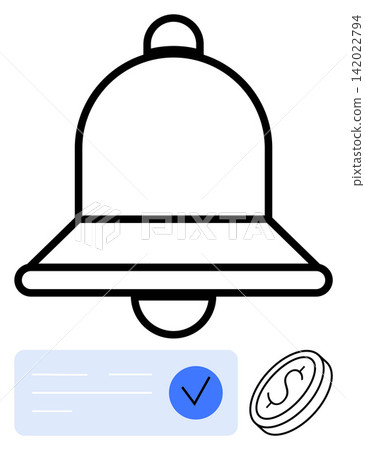 Notifications, digital reminders, online payments, transaction verification, task alerts, time management. Bell icon above a checkmark and coin symbol. Notifications and online payments concept Notifications, digital reminders, online payments, transaction verification, task alerts, time management. Bell icon above a checkmark and coin symbol. Notifications and online payments concept 142022794