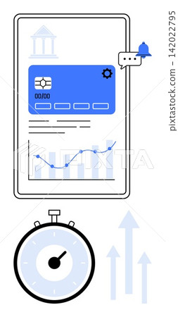 Online banking, financial analytics, time management, digital services, fintech, and user notifications. A mobile screen with bank card, graph stopwatch and growth arrows. Online banking Online banking, financial analytics, time management, digital services, fintech, and user notifications. A mobile screen with bank card, graph stopwatch and growth arrows. Online banking 142022795