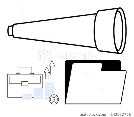 Business strategy, investment growth, financial planning, career development, market research, strategic outlook. Telescope, folder briefcase and graphs . Business strategy and investment growth Business strategy, investment growth, financial planning, career development, market research, strategic outlook. Telescope, folder briefcase and graphs . Business strategy and investment growth 142022796