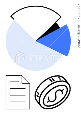 Business analytics, financial planning, marketing research, economic trends, project budgeting, investment tracking. A pie chart, a coin and a document symbol. Financial planning and business Business analytics, financial planning, marketing research, economic trends, project budgeting, investment tracking. A pie chart, a coin and a document symbol. Financial planning and business 142022797