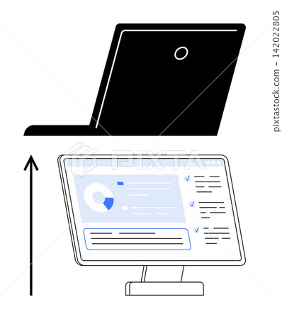 Data transfer, software migration, file sharing, technology integration, productivity tools, cloud computing. Open laptop above an arrow leading to a desktop screen with visuals. Data transfer Data transfer, software migration, file sharing, technology integration, productivity tools, cloud computing. Open laptop above an arrow leading to a desktop screen with visuals. Data transfer 142022805