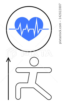 Fitness, health monitoring, wellness, heart health, exercise, activity tracking. Icon of a heart with a pulse line and a stick figure exercising with an upward arrow. Fitness and health monitoring Fitness, health monitoring, wellness, heart health, exercise, activity tracking. Icon of a heart with a pulse line and a stick figure exercising with an upward arrow. Fitness and health monitoring 142022807