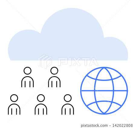 Cloud computing, global communication, team collaboration, data sharing, technology, scalability. A cloud icon, connected globe and simplified people figures. Cloud computing and global 142022808
