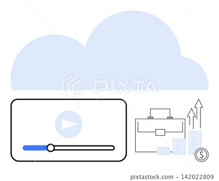 Cloud computing, video streaming, business strategy, financial growth, digital marketing, online services. A cloud, video player briefcase coins and financial icons . Cloud computing and video Cloud computing, video streaming, business strategy, financial growth, digital marketing, online services. A cloud, video player briefcase coins and financial icons . Cloud computing and video 142022809