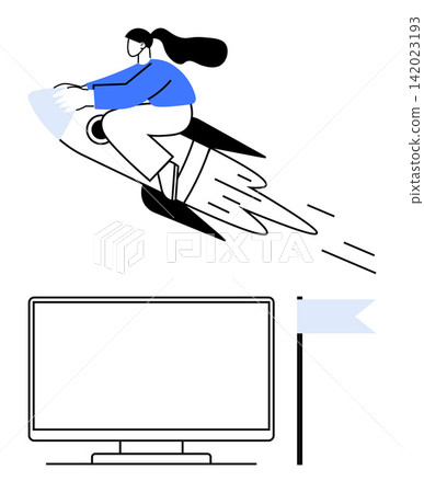 Startup success, online innovation, goal achievement, technology progress, career growth, futuristic ideas. Woman on a rocket above a monitor and flag. Startup success and technological innovation Startup success, online innovation, goal achievement, technology progress, career growth, futuristic ideas. Woman on a rocket above a monitor and flag. Startup success and technological innovation 142023193