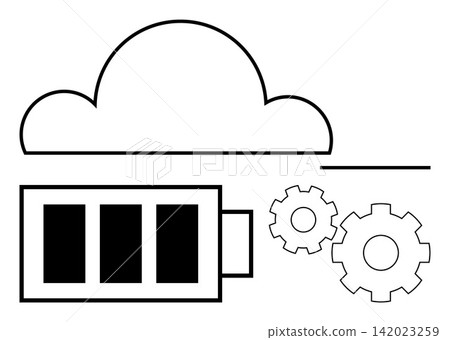 Cloud technology, energy efficiency, digital storage, innovation, renewable energy, technology systems. A simple cloud above a battery and gears. Cloud technology and energy efficiency concept Cloud technology, energy efficiency, digital storage, innovation, renewable energy, technology systems. A simple cloud above a battery and gears. Cloud technology and energy efficiency concept 142023259
