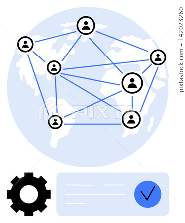 Digital identity, global communication, technology, data security, authentication, teamwork. People connected across a global map with a gear and checkmark icon. Digital identity and technology 142023260