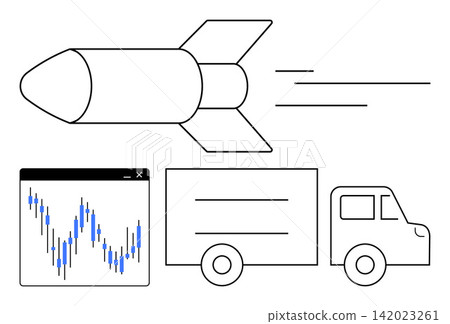 Logistics, technology, financial analysis, e-commerce, market trends, future delivery methods. Rocket, trading chart and delivery truck. Logistics and technology concept showing innovation 142023261
