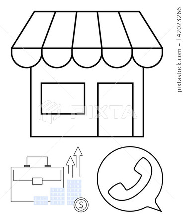 Small business, entrepreneurship, growth strategy, retail management, financial success, customer communication. Storefront with a briefcase, graph arrows and phone symbol. Small business Small business, entrepreneurship, growth strategy, retail management, financial success, customer communication. Storefront with a briefcase, graph arrows and phone symbol. Small business 142023266