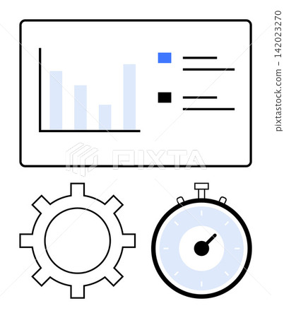 Productivity, efficiency, data analysis, performance tracking, time management, workflow optimization. Bar chart, gear and stopwatch in minimalist design. Data analysis and productivity efficiency Productivity, efficiency, data analysis, performance tracking, time management, workflow optimization. Bar chart, gear and stopwatch in minimalist design. Data analysis and productivity efficiency 142023270