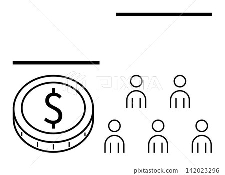 Finance, teamwork, workforce, resource allocation, economy, business strategy. Icon of a dollar coin adjacent to a group of people. Finance and resource allocation concept 142023296