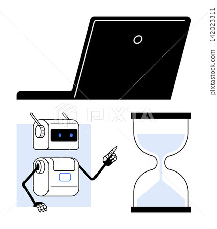 Artificial intelligence, time management, future technology, robotics applications, digital transformation, process automation. A robot points to an hourglass, with a laptop above. AI innovation Artificial intelligence, time management, future technology, robotics applications, digital transformation, process automation. A robot points to an hourglass, with a laptop above. AI innovation 142023311