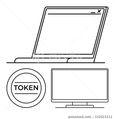 Digital security, authentication systems, identity verification, data protection, blockchain, cybersecurity. A laptop, token coin and monitor icon in linear style. Digital security Digital security, authentication systems, identity verification, data protection, blockchain, cybersecurity. A laptop, token coin and monitor icon in linear style. Digital security 142023312