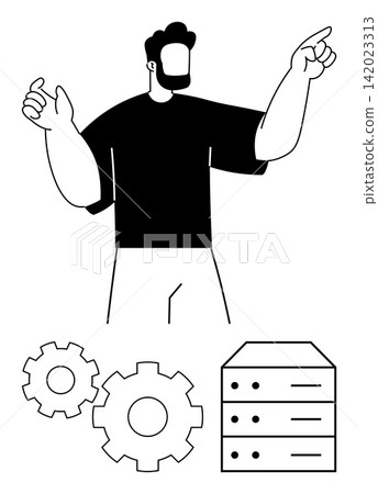 Data management, system setup, technology innovation, IT processes, software development, technical support. Man gesturing with gear and server icons. Data management and system setup concepts Data management, system setup, technology innovation, IT processes, software development, technical support. Man gesturing with gear and server icons. Data management and system setup concepts 142023313