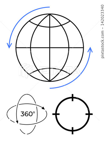 Global connectivity, earth exploration, virtual reality, target identification, navigation tools, worldwide coverage. Icons of a globe, 360-degree arrows and a targeting symbol. Global connectivity Global connectivity, earth exploration, virtual reality, target identification, navigation tools, worldwide coverage. Icons of a globe, 360-degree arrows and a targeting symbol. Global connectivity 142023340