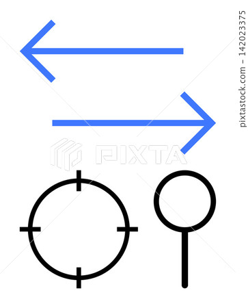 Navigation systems, analysis, focus, search optimization, accuracy, direction. Two blue arrows pointing in opposite directions, a black target circle and a magnifying glass icon below. Navigation Navigation systems, analysis, focus, search optimization, accuracy, direction. Two blue arrows pointing in opposite directions, a black target circle and a magnifying glass icon below. Navigation 142023375