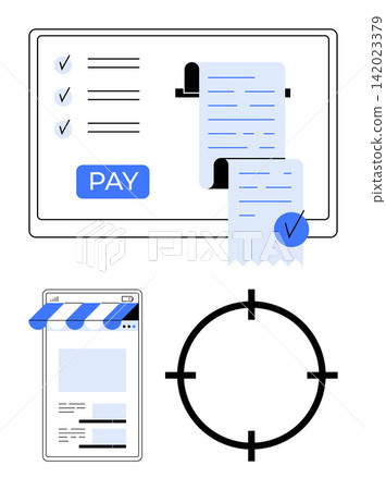 E-commerce, online payments, financial transactions, digital security, targeted marketing, shopping. digital receipt, payment interface phone storefront and target symbol. E-commerce and online E-commerce, online payments, financial transactions, digital security, targeted marketing, shopping. digital receipt, payment interface phone storefront and target symbol. E-commerce and online 142023379