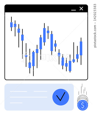 Investor tools, financial success, trading platforms, stock market trends, approval icons, blue candlestick chart. Graphical candlestick trends with check mark and financial icons. Stock market 142023383