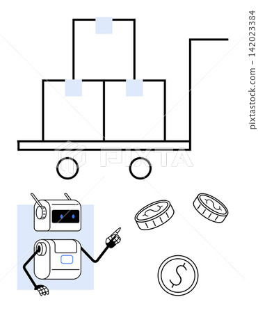 Automation, logistics, e-commerce, financial technology, robotic assistance, supply chain. A robot gestures toward coins and packages on a trolley. Automation and logistics concept Automation, logistics, e-commerce, financial technology, robotic assistance, supply chain. A robot gestures toward coins and packages on a trolley. Automation and logistics concept 142023384