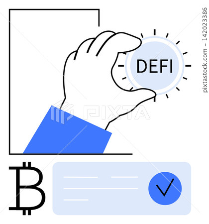 Financial technology, cryptocurrency, blockchain innovation, digital wallets, decentralized markets, online transactions. Scene features a hand holding DeFi token and Bitcoin icon. Financial Financial technology, cryptocurrency, blockchain innovation, digital wallets, decentralized markets, online transactions. Scene features a hand holding DeFi token and Bitcoin icon. Financial 142023386