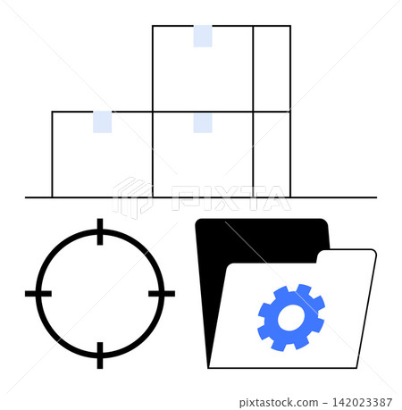 Warehouse logistics, inventory tracking, target focus, task organization, data management, system optimization. Stacked boxes, target symbol folder with gear icon. Warehouse logistics and inventory Warehouse logistics, inventory tracking, target focus, task organization, data management, system optimization. Stacked boxes, target symbol folder with gear icon. Warehouse logistics and inventory 142023387