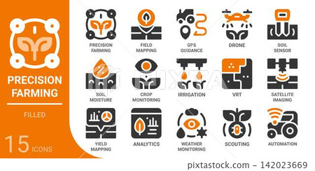 precision farming and smart farm filled glyph icon set,15 vector icons precision farming and smart farm filled glyph icon set,15 vector icons 142023669