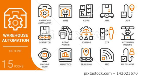 warehouse automation outline icon set,15 vector icons 142023670