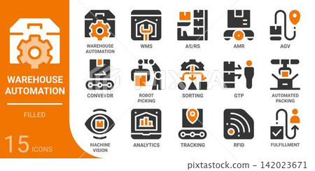 warehouse automation filled glyph icon set,15 vector icons warehouse automation filled glyph icon set,15 vector icons 142023671