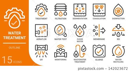 water treatment outline icon set,15 vector icons water treatment outline icon set,15 vector icons 142023672