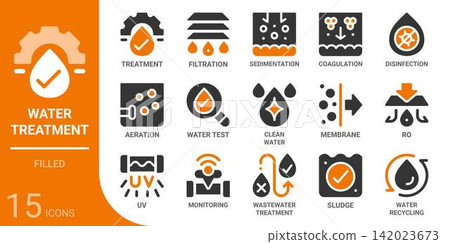 water treatment filled glyph icon set,15 vector icons water treatment filled glyph icon set,15 vector icons 142023673