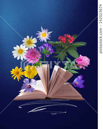 Flowers, open books over abstract background. Contemporary art collage. Concept of education, reading, knowledge Flowers, open books over abstract background. Contemporary art collage. Concept of education, reading, knowledge 142023674