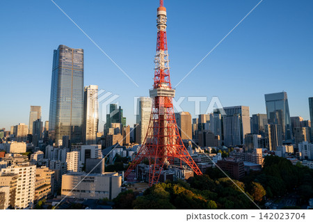 Tokyo: Tokyo Tower illuminated by the morning sun, the cityscape with Tokyo Tower, and the Tokyo cityscape at sunrise. Tokyo: Tokyo Tower illuminated by the morning sun, the cityscape with Tokyo Tower, and the Tokyo cityscape at sunrise. 142023704