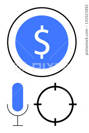 Financial technology, monetization, voice command systems, digital payment targets, business focus strategies, online transactions. Blue dollar sign, microphone and target symbol. Financial 142023892