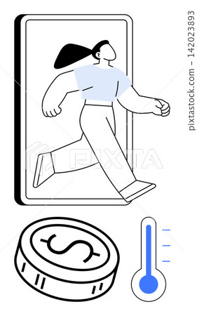 Mobile technology, financial dynamics, economic growth, digital platforms, innovation, and progress. Person stepping out of a device, a coin and a thermometer. Mobile technology and financial Mobile technology, financial dynamics, economic growth, digital platforms, innovation, and progress. Person stepping out of a device, a coin and a thermometer. Mobile technology and financial 142023893