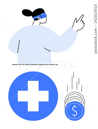 Virtual reality, healthcare innovations, financial technology, medical trends, digital health, immersive technology. Person using VR headset pointing, medical cross coins stacking. Virtual reality Virtual reality, healthcare innovations, financial technology, medical trends, digital health, immersive technology. Person using VR headset pointing, medical cross coins stacking. Virtual reality 142023910