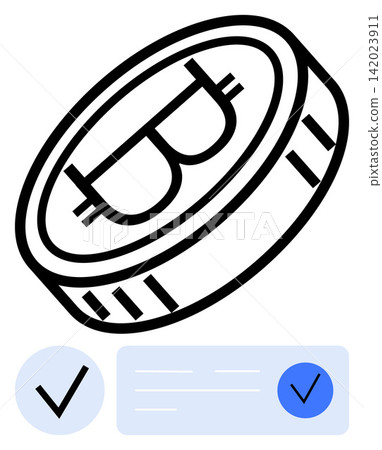 Cryptocurrency, blockchain security, financial technology, digital trade, online validation, payment processing. Bitcoin symbol on a coin with checkmarks. Cryptocurrency and blockchain security Cryptocurrency, blockchain security, financial technology, digital trade, online validation, payment processing. Bitcoin symbol on a coin with checkmarks. Cryptocurrency and blockchain security 142023911