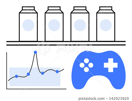 Data visualization, gaming trends, product inventory, technology analysis, market research, consumer data. Line graph and gaming controller next to a row of packages. Data visualization and gaming Data visualization, gaming trends, product inventory, technology analysis, market research, consumer data. Line graph and gaming controller next to a row of packages. Data visualization and gaming 142023920